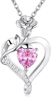 Rose Flower Heart Necklace Birthstone Necklaces 925 Sterling Silver Jewelry
