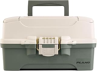 Plano Two-Tray Tackle Box, Green/Tan, Rust-Proof Brass Latch, Top-Access Tray with Deep Storage, Made in the USA, Portable Fishing Gear Storage Organizer