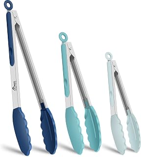 HOTEC Stainless Steel Kitchen Tongs with Silicon Tips, Set of 3-7", 9" &12" | 600°F Heat-Resistant, Heavy-Duty, Non-Slip, Locking Food Tong for Cooking, Serving, Salad, BBQ, Air Fryer, Dishwasher-Safe