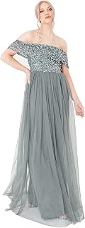 Maya Deluxe Maya Berry Bardot Embellished Maxi Dress Women's Bridesmaid Dress