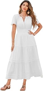 R.Vivimos Womens Summer Cotton Midi Dress 2025 Short Sleeve V Neck Elastic Waist Embroidered Tiered A-Line Long Dresses