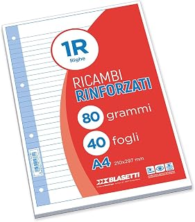 One Color - Reinforced Spare Parts A4-1R Lines Without Margin - 40 Sheets | Blasetti: A4 80 g sheets with reinforced holes, transparent strip, squares and lines. 40.