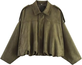 WOWULOVELY Women's Faux Suede Bomber Jacket Lapel Pilot Motorcycle Coat Spring Long Sleeves Trendy Streetwear Outerwear