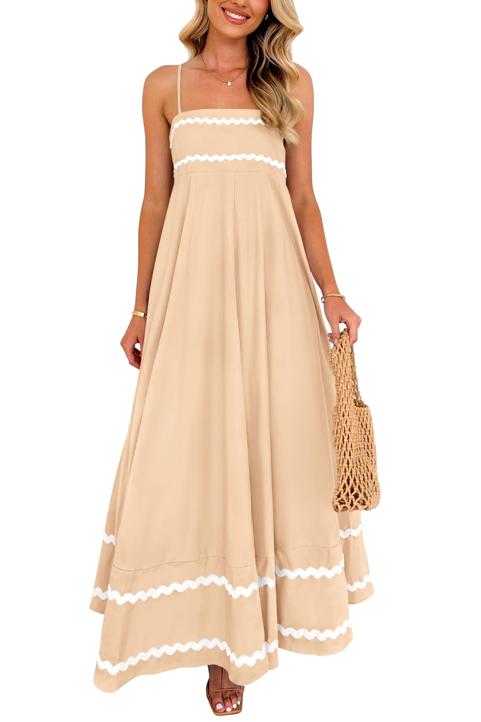 PRETTYGARDEN Women 2025 Flowy Casual Sleeveless Spaghetti Strap Ruffle Beach Lon