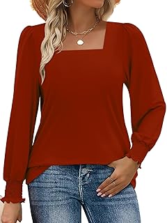 MixShe Womens Square Neck Blouses 2026 Spring Fashion Long Sleeve Casual Stretchy Pullover Tops