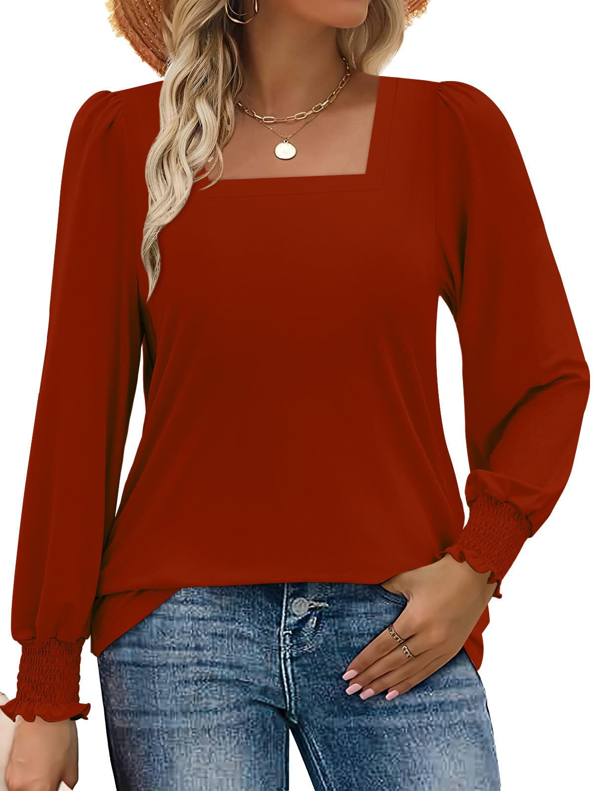 MixShe Womens Square Neck Blouses 2026 Spring Fashion Long Sleeve Casual Stretch