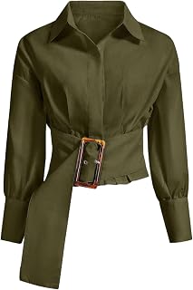 OYOANGLE Women's Cropped Y2k Belted Tunic Blouses