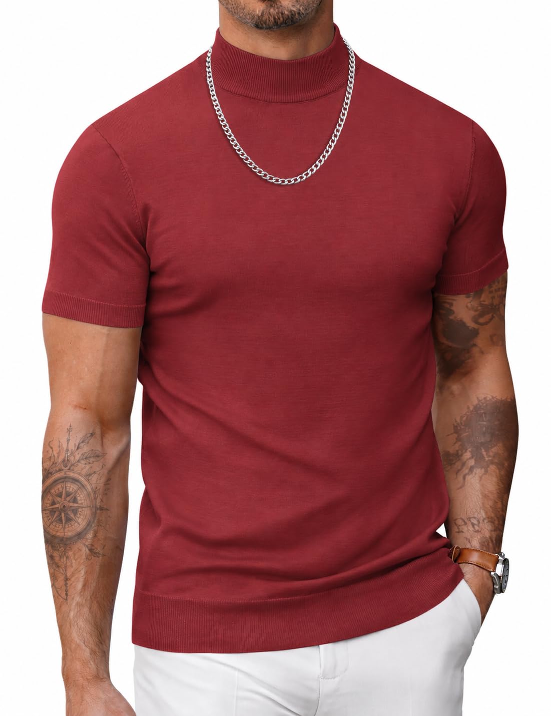 COOFANDY Men's Knitted T Shirt Turtleneck Short Sleeve Slim Fit Slim Fit Casual 