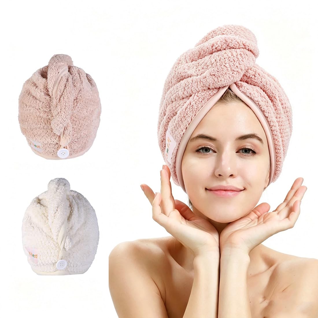 M-bestl 2 Pack Microfiber Hair Towel Wrap with Button,Quick Dry(Pink&Beige) | Ha