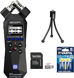 Zoom H1essential 2-Track 32-Bit Float Portable Audio Recorder Bundle with SanDisk 32GB Memory Card with SD Adapter, Varta High Energy AAA 4 Pack and Magnus SnapPod Compact Tabletop Tripod