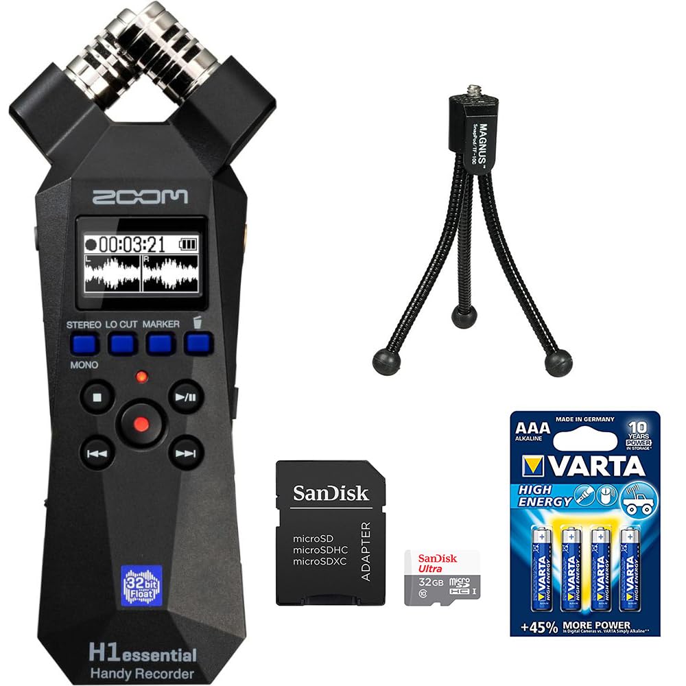 Zoom H1essential 2-Track 32-Bit Float Portable Audio Recorder Bundle with SanDis