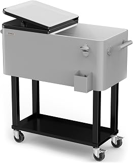 VINGLI 80 Quart Rolling Ice Chest on Wheels, Portable Patio Party Bar Drink Cooler Cart, with Shelf, Beverage Pool with Bottle Opener,Water Pipe