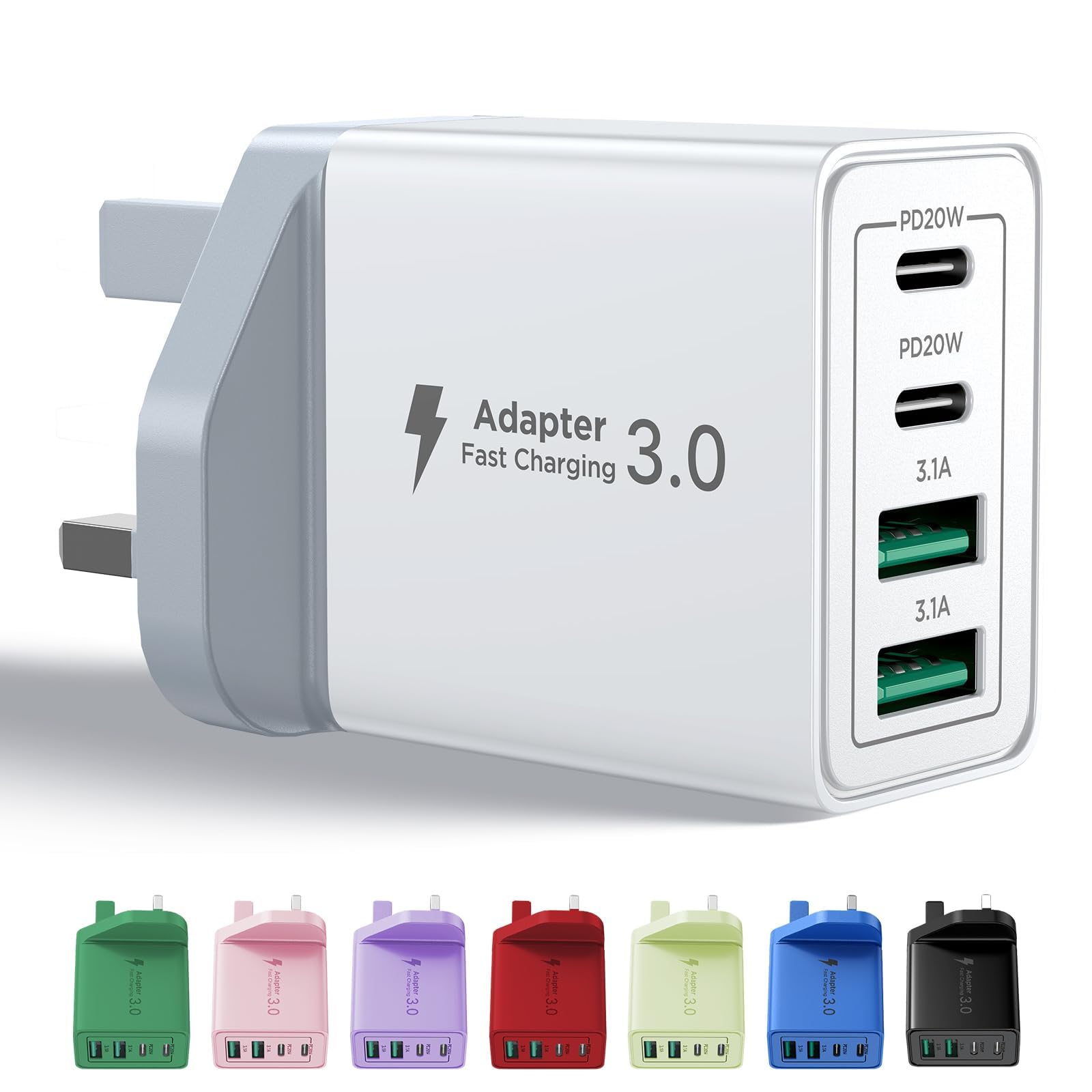 USB C Plug Fast Charge, 40W 4-Port Multi USB Charger Plug UK Dual Port PD Power 