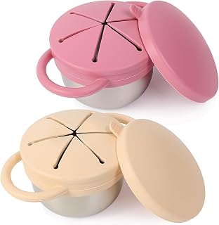 Solinfant 2 Pack Stainless Steel Spill Proof Snack Cup for Baby Toddlers Kids, with Silicone Food Catcher, Travel Lid, Spill-Proof Bowl Containers, Toddlers Essentials, Non Toxic BPA Free