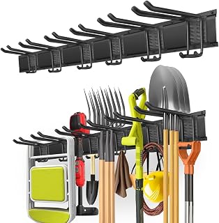 PIYILO 48 in Garage Tool Organizer Wall Mount, Adjustable Tool Storage Rack | Heavy-Duty, 360 LBS Capacity, 6 Double-Layer Hooks, Sturdy & Space-Saving, Rubber-Coated Hooks, for Yard Tools, Shovels, Shed