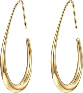Lightweight Teardrop Hoop Earrings for Women - 14k Gold/White Gold Plated Large Oval Pull Through Hoop Earrings High Polished Statement Jewelry Gift for Women