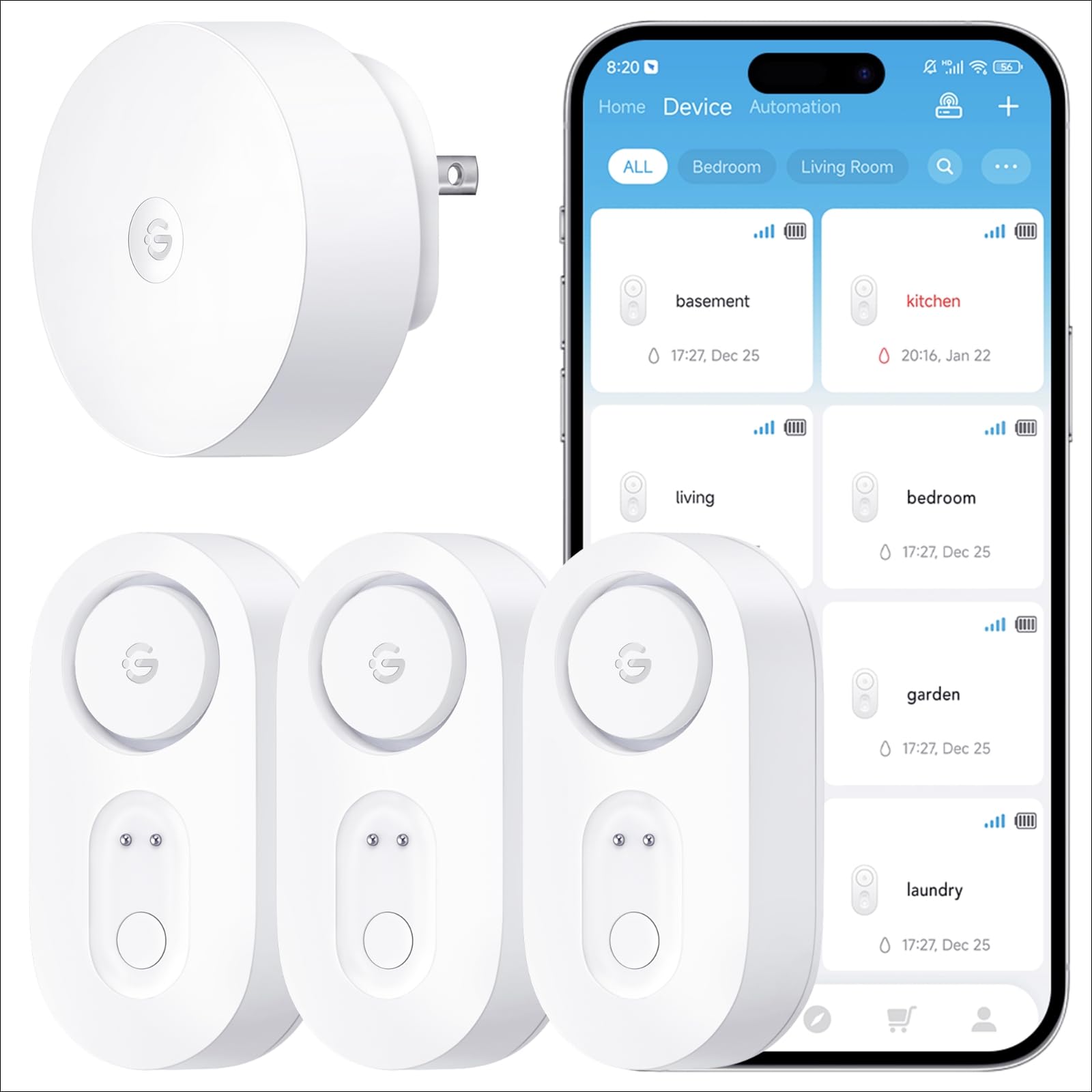 GoveeLife Upgraded Smart Water Leak Detector 1s with High Alarm, 3 Pack | 1804ft