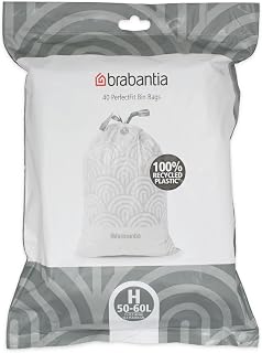 Brabantia PerfectFit Bin Liners, Tear-Resistant, Size H/50-60L (40 Bags) | Tie Tape Drawstring Handles, Thick Plastic Trash Bags, Hassle-Free Changing, White With Grey Tie Handles