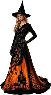 Aiixnze Halloween Costume for Women UK Ladies Gothic Dress Witch Print Dresses | Short Sleeve V Neck Plus Size Costumes Funny Printed Halloween Flowy Maxi Dress Cosplay Party