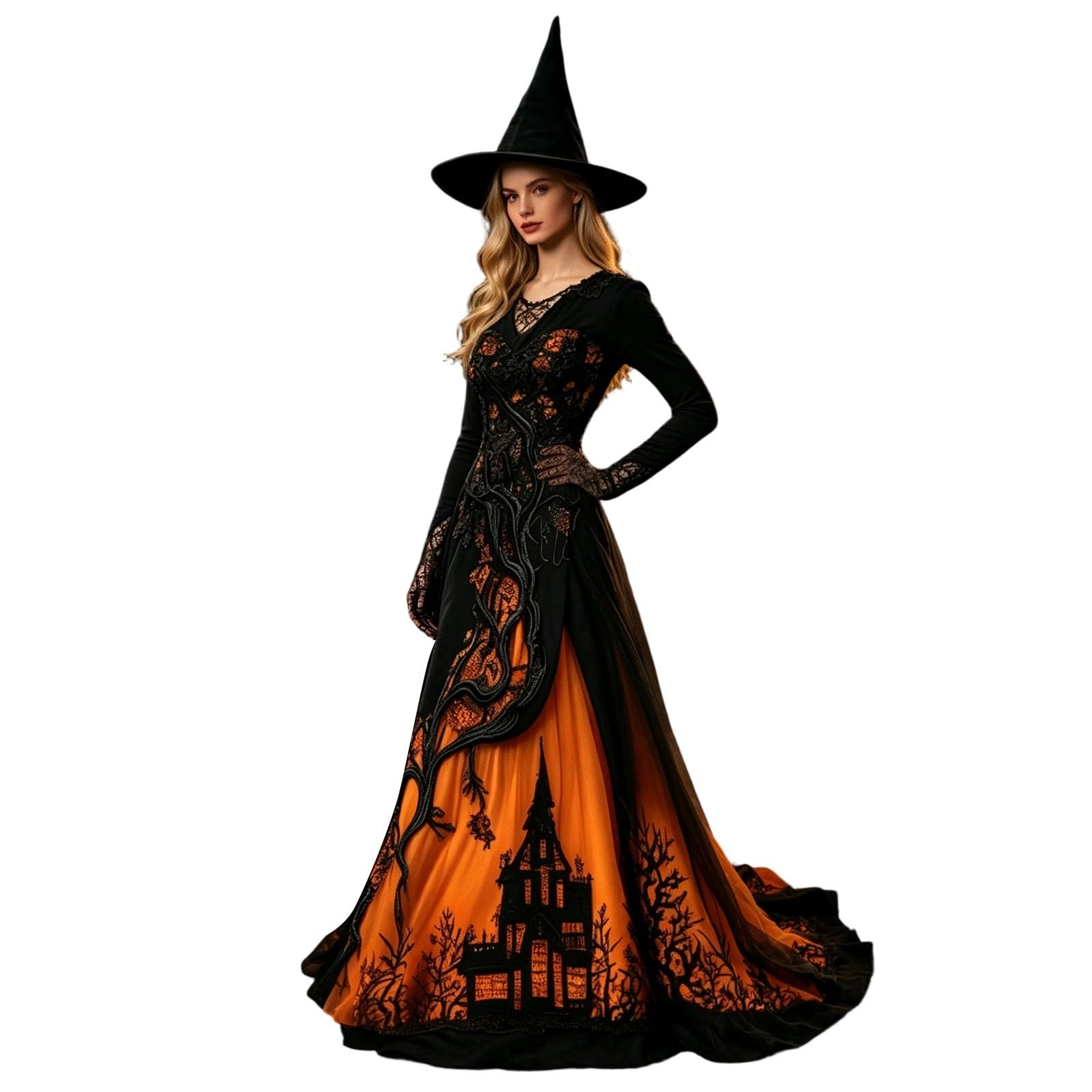 Aiixnze Halloween Costume for Women UK Ladies Gothic Dress Witch Print Dresses |