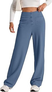 EVALESS Womens High Waist Button Stretchy Work Pants Straight Leg Office Dress Pant Business Casual Trousers with Pocket