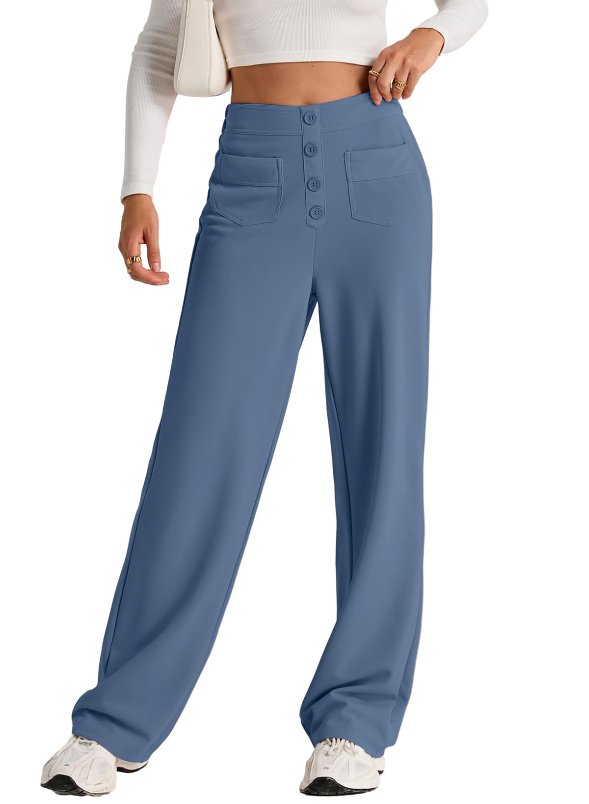 EVALESS Womens High Waist Button Stretchy Work Pants Straight Leg Office Dress P