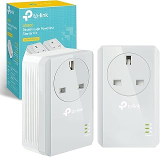 TP-Link TL-PA4010PKIT AV600 Passthrough Powerline Adapter, 100Mbps Powerline Network Adapters with Ethernet Ports, Integrated Power Socket, Power-Saving Mode, Pair Button, Plug and Play, UK Plug