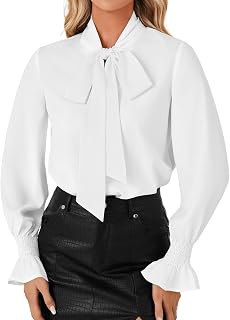 LYANER Women Blouse Bow Tie Front Smocked Long Sleeve Elegant Office Shirt Top