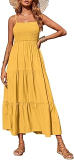 PRETTYGARDEN Women's Summer Long Dress Casual Boho Sleeveless Spaghetti Strap Smocked Long Dress Summer Ruffle Beach Dress