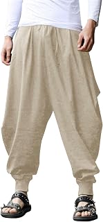 Coofandy Pantalones Estilo harén Hippie para Hombre, Holgados, de Lino, Estilo Bohemio, para Yoga, Casual, con Entrepierna caída, Caqui, Medium