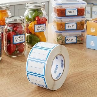 2 Line Freezer Labels, 500 Count, 40x25mm, Removable Food Storage Stickers, No Residue, Waterproof Writable Mason Jar Labels, Kitchen Organization, Home Moving, Garage Sales (Blue Border)
