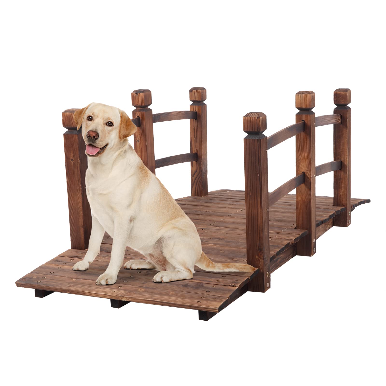 VINGLI 5 ft Garden Bridge, Classic Wooden Arch with Safety Rails Stained Finishe