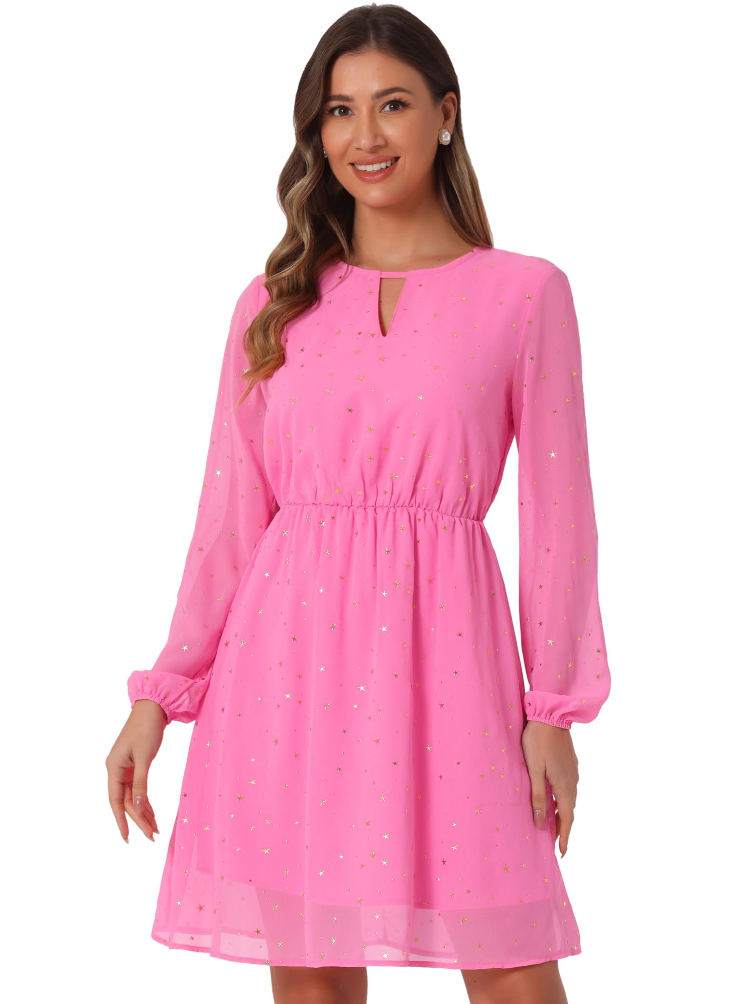 Allegra K Women Metallic Star Choker V Neck Party Flared A-Line Dress