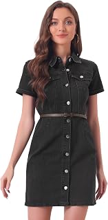 Allegra K Women Denim Collar Short Sleeve Belted Button Up Shirt Dress