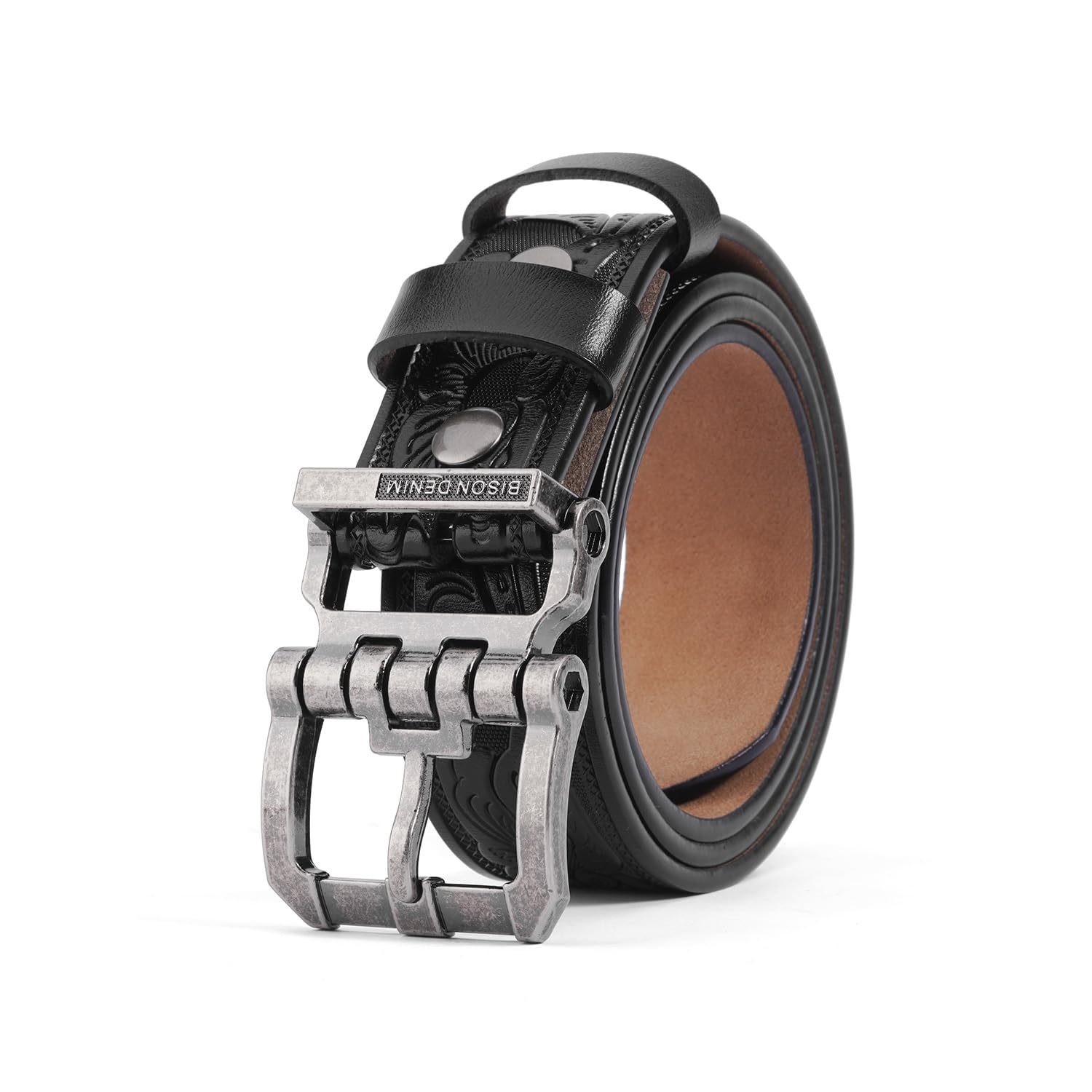 BISON DENIM Men's Genuine Leather Casual Belt, Classic Western Cowboy Dress Belt