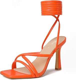 Mostrin Womens Sandals Strappy Heels for Women Ankle Strap Lace Up Heels Square Open Toe Heels Tie Up Stiletto High Heeled Sandals for Prom, Party, Daily Wear