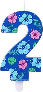 Blue Birthday Number Candle, Hawaiian Themed Cake Topper with Flower Design for Kids Boys Girls Party Decorations Supplies (Number 2)