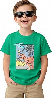 Haloumoning Maglietta a maniche corte per bambini con grafica a forma di dinosauro, animali, spiaggia, estate, girocollo, 9M-8Y