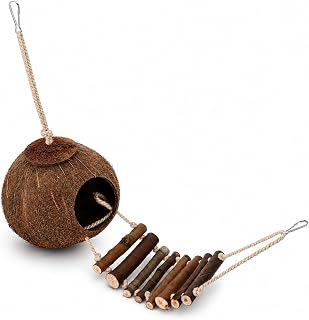 Garneck Reptile Hide Hanging Coconut Cave with Ladder: Gecko Terrarium Decor Tank Accessories for Crested Leopard Geckos Hermit Crabs Snake Enclosure Habitat