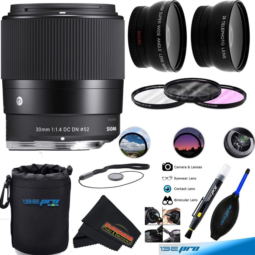 Sigma 30mm f1.4 Contemporary DC DN Lens for Sony E with Sunshine Photo Basic Bun