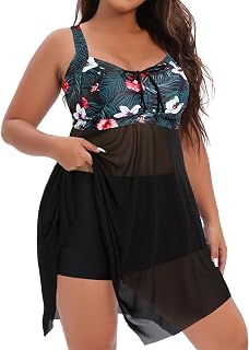 Daci Plus Size Two Piece Swim Dress with Shorts for Women Mesh Swimsuits Flowy Bathing Suits