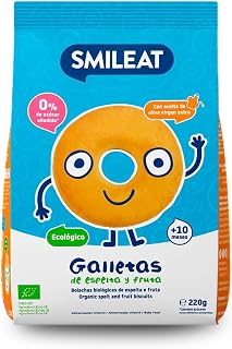 Smileat - Spelt and Fruit Cookies for Small 10+ months - No Added Sugar, With Extra Virgin Olive Oil- Perfect As A Snack or Snack - 220g | Con aceite de oliva virgen extra y textura crujiente; para tomar enteras, mojadas o acompañadas