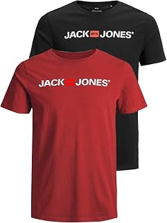 JACK & JONES 12183668 - Men's T-Shirt with JJECORP Logo 2 Pieces Pack of 2 Multicoloured (Rio Red/Black). S
