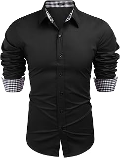Coofandy Camisa de vestir de negocios para hombre, manga larga, ajustada, casual, con botones, 03_negro sólido, Large