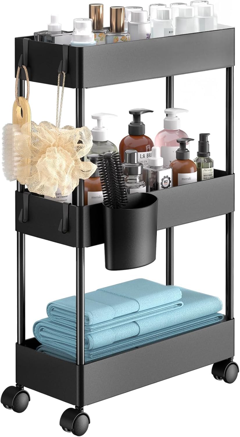 Pipishell 3 Tier Bathroom Storage Cart, Slim Storage Cart with Wheels,Black | 7.