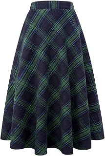 IDEALSANXUN Womens Plaid Wool Skirts Elastic Waist A-Line Pleated Tartan Long Skirts