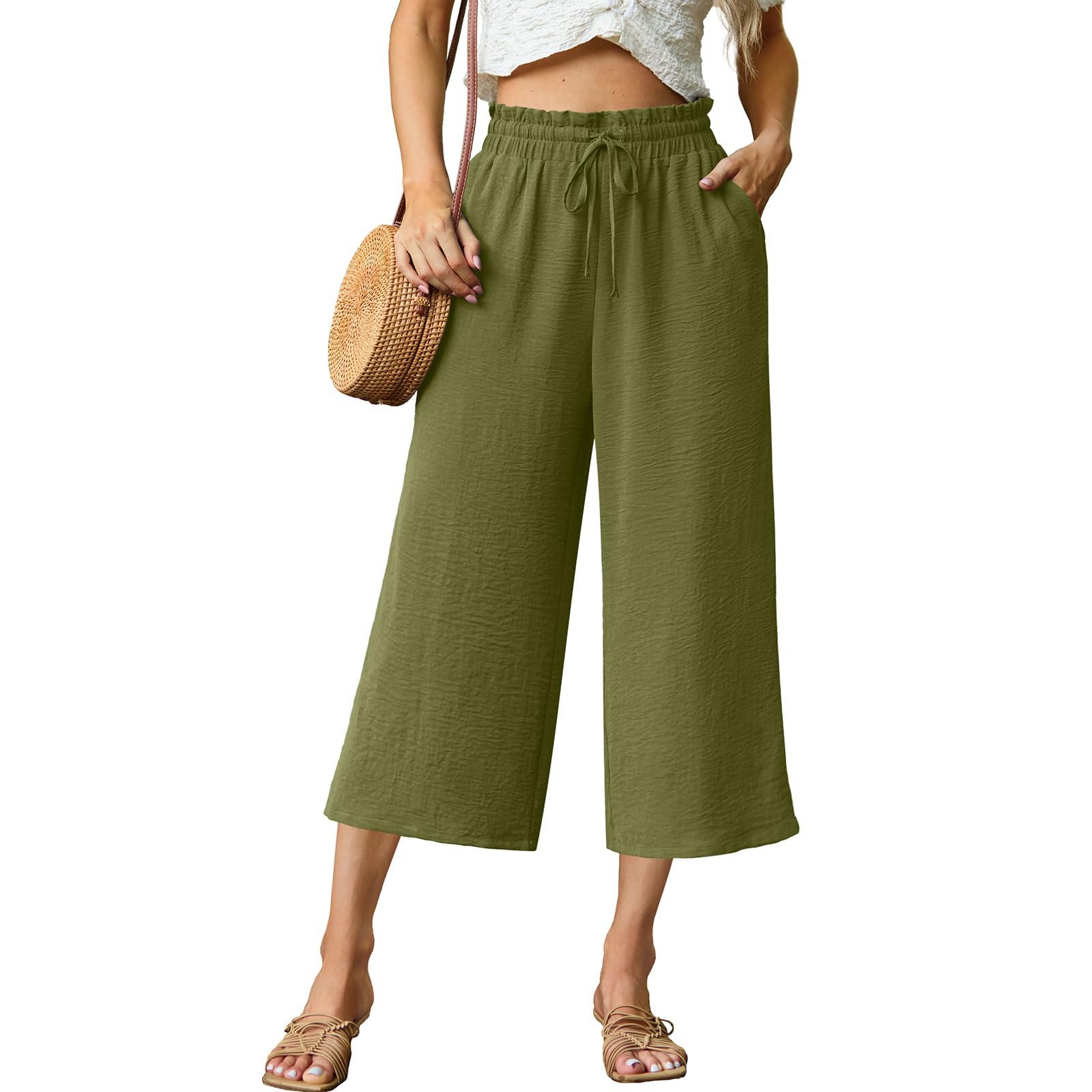 FREEOAK Womens Wide Leg High Waisted with Tie Belt Pockets Summer 2025 Vacation 