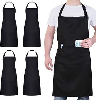 4 Packs Waterproof Black Cooking Chef Aprons with 2 Pockets for Men Women | Adjustable Neck Straps, Long Ties, Machine Washable, Professional Catering Apron for Kitchen BBQ Gardening Painting Baking