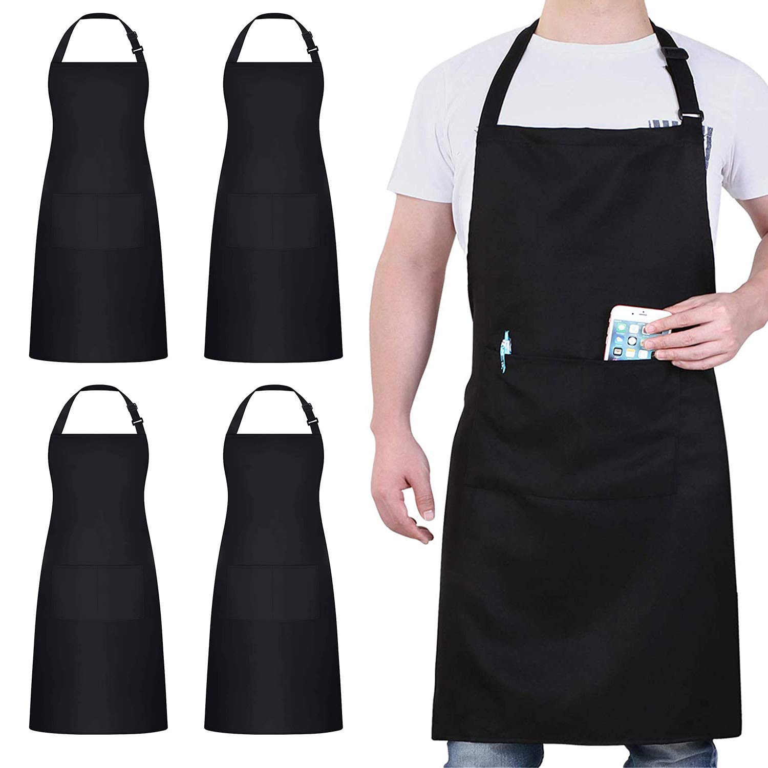 4 Packs Waterproof Black Cooking Chef Aprons with 2 Pockets for Men Women | Adju