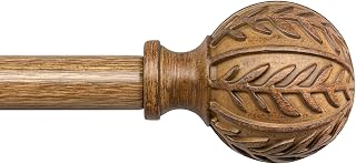 QDWIS Boho Decorative Natural Wood Curtain Rods for Windows 66-120’’ | 1 Inch Handmade Wood Grain Adjustable Heavy Duty Window Treatment Rods Set with Leaf Finials for Kitchen Bedroom Living Room